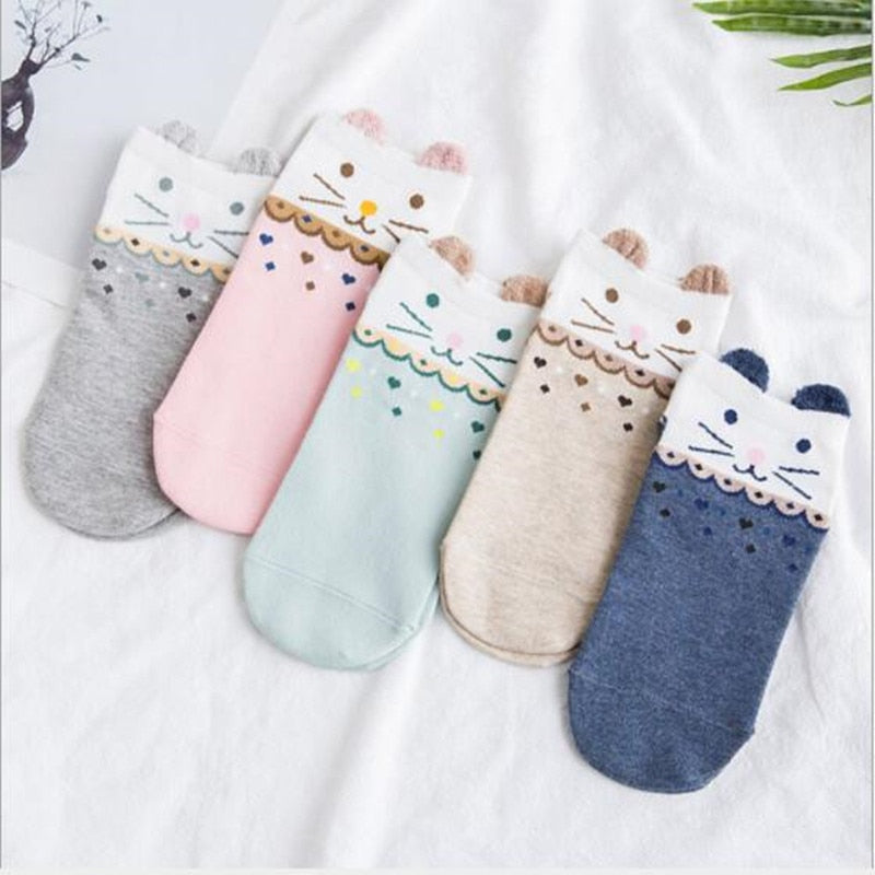 Cute Cat Ankle Socks - 5 Pairs for Valentine's Day