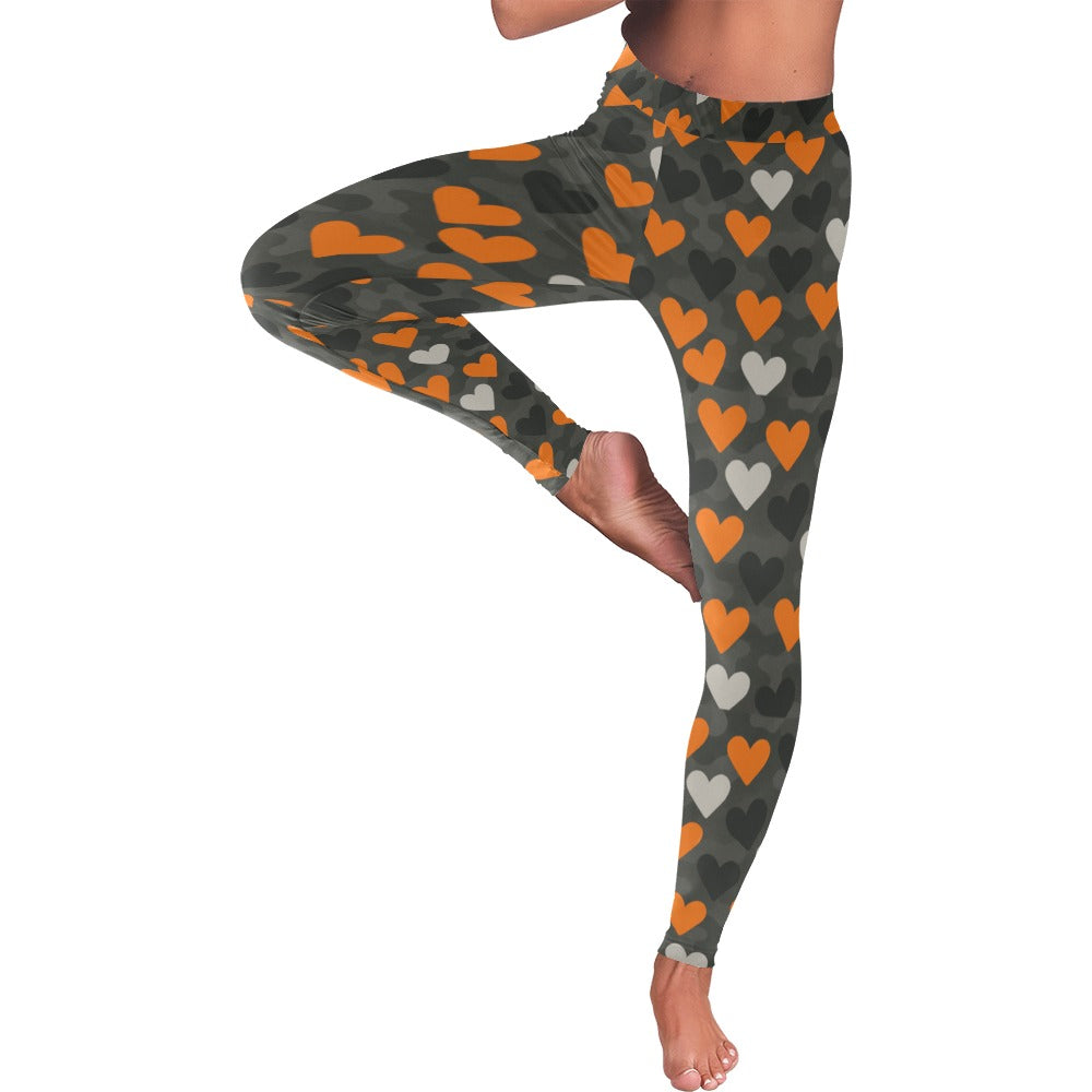 Valentine's Day Black/Orange Hearts Women's All-Over Low Rise Leggings