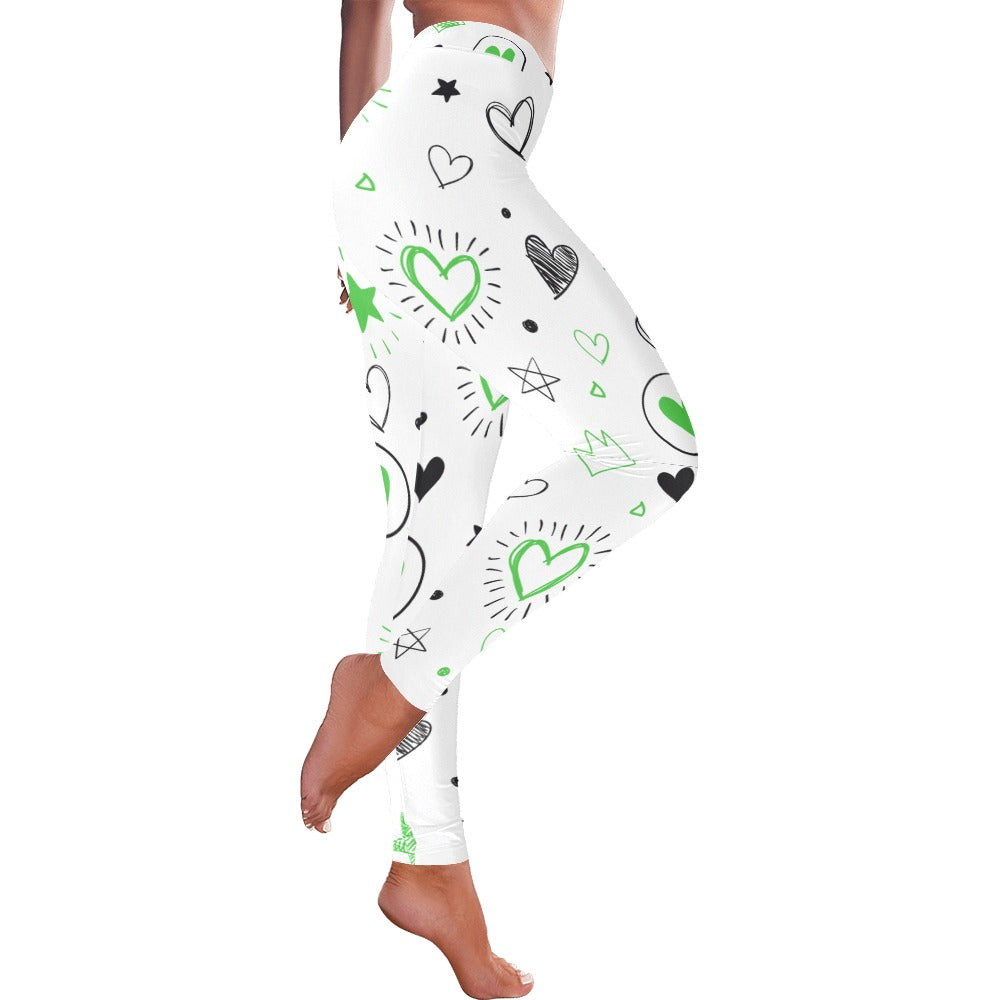 Green and White Heart Doodle Valentine's Day Leggings