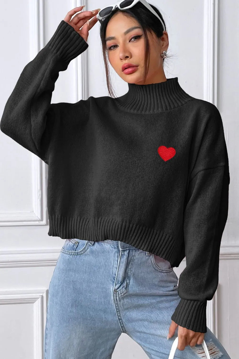 Women's Heart Sticker High Neck Pullover Sweater