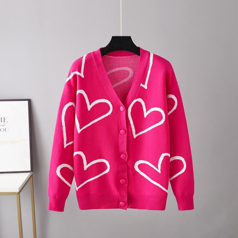Casual V-neck Heart Cardigan Sweater for Women