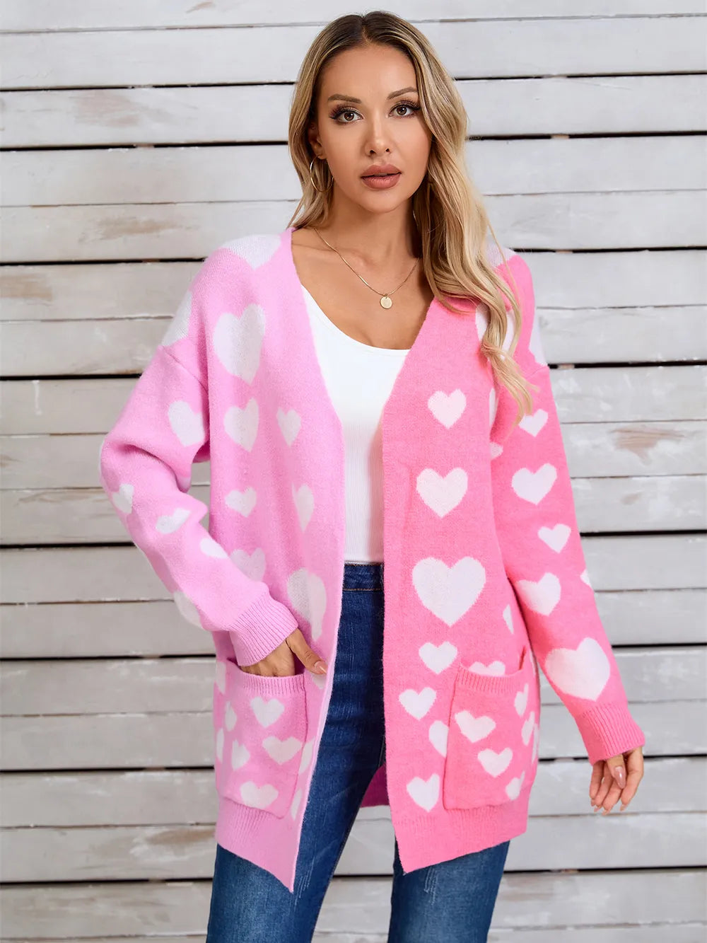 Splicing Knitted Valentine's Day Pocket Long Cardigan Love Sweater