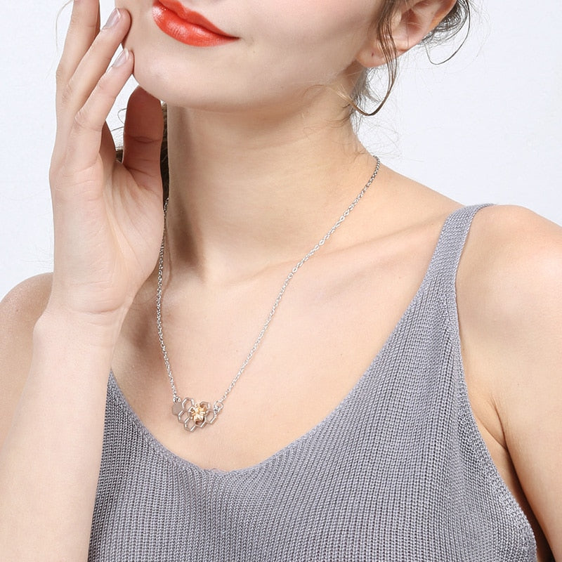 Heart Honeycomb Bee Pendant Choker Necklace