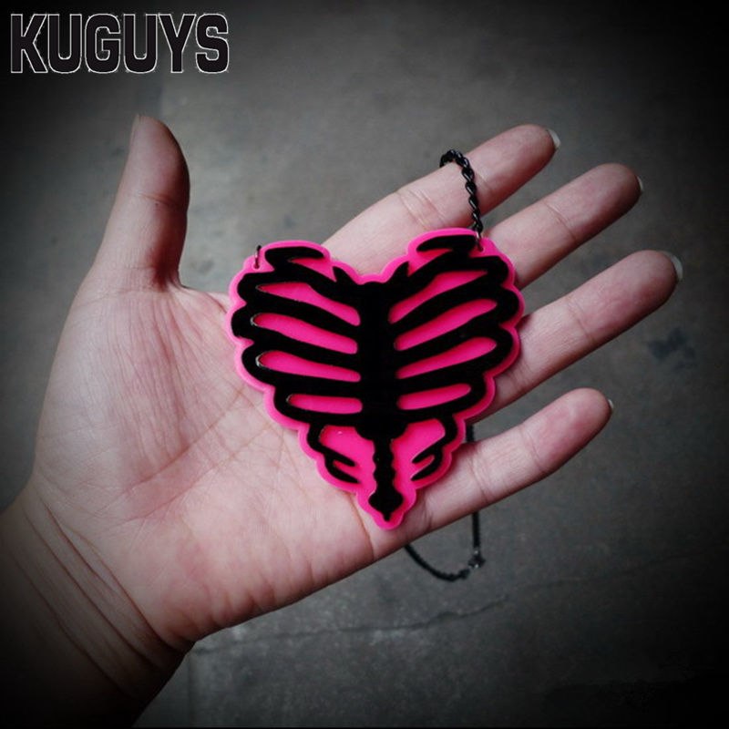 Fashion Acrylic Jewelry Custom Women Heart Skeleton Pink Pendant Necklace Link Chain HipHop Mens Necklaces