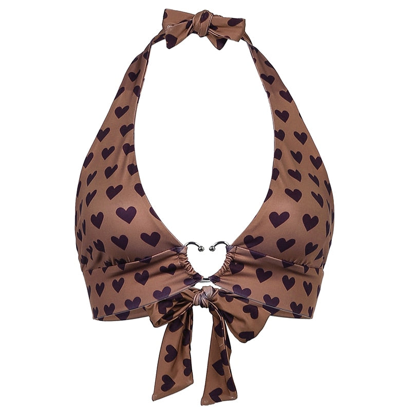 Heart Print Backless Halter Bra Corset Top