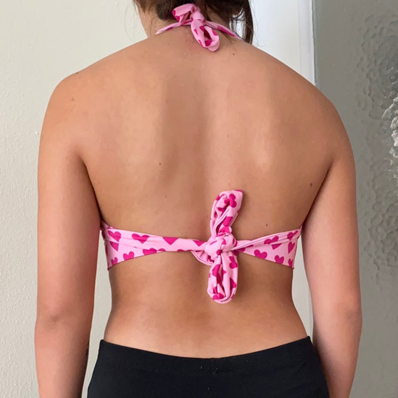 Heart Print Backless Halter Bra Corset Top
