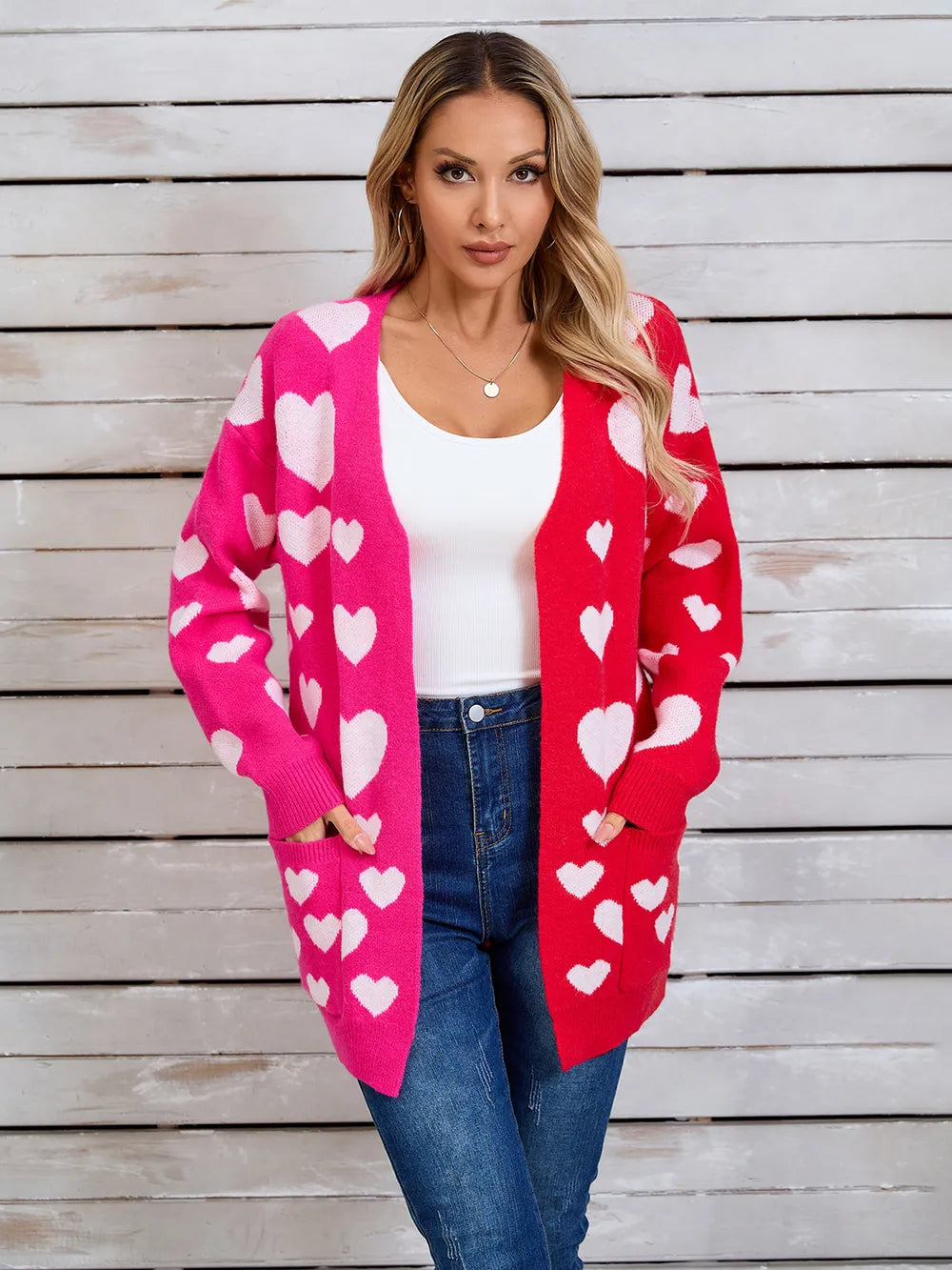 Splicing Knitted Valentine's Day Pocket Long Cardigan Love Sweater