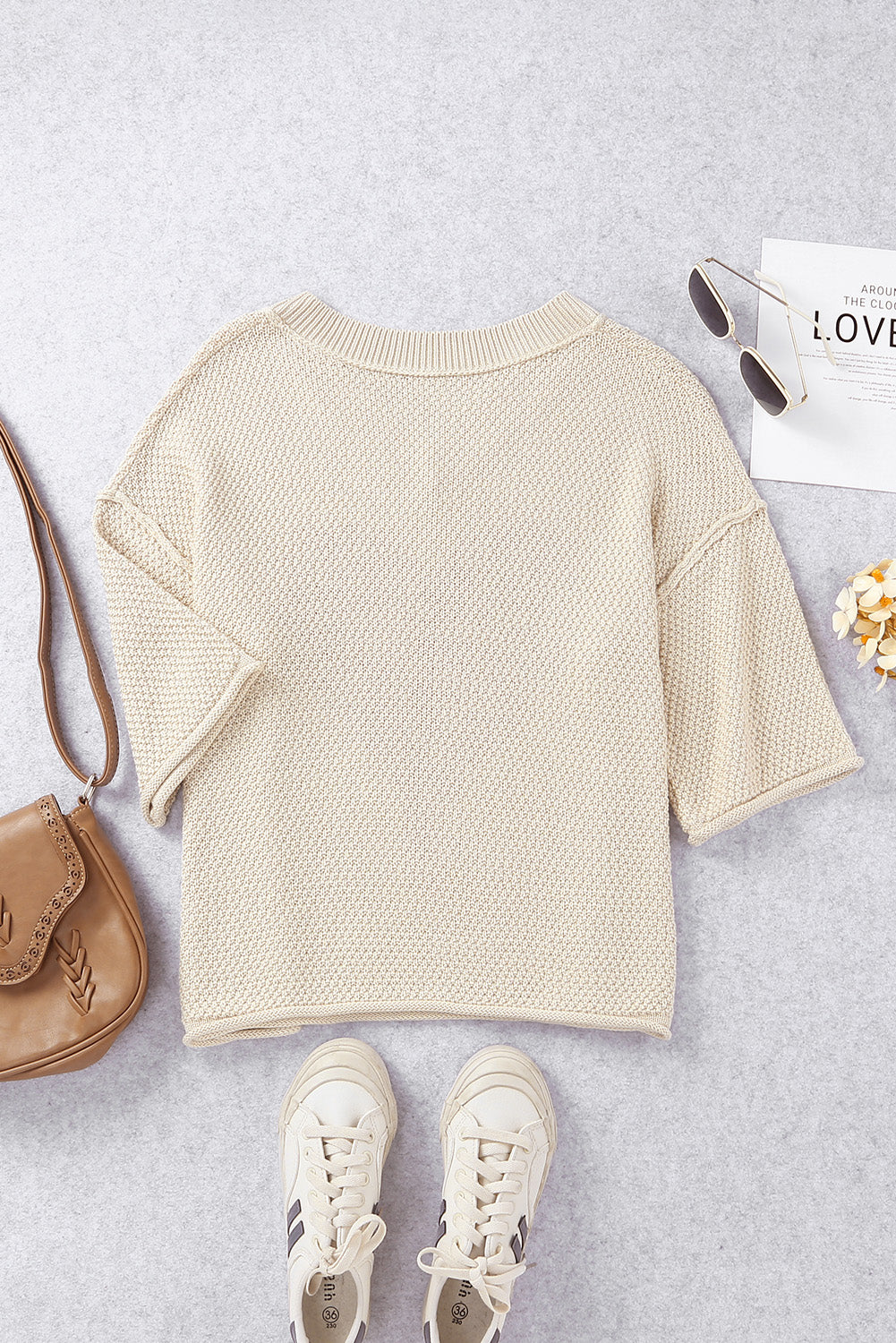 Beige V-neck Dropped Sleeve Heart Print Sweater