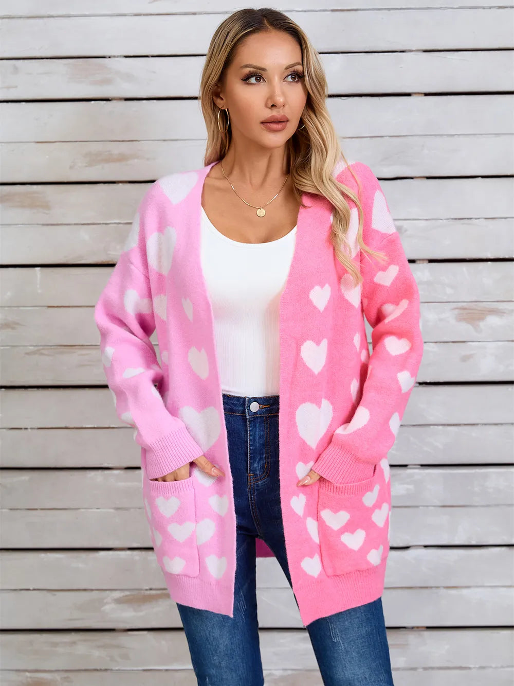 Splicing Knitted Valentine's Day Pocket Long Cardigan Love Sweater