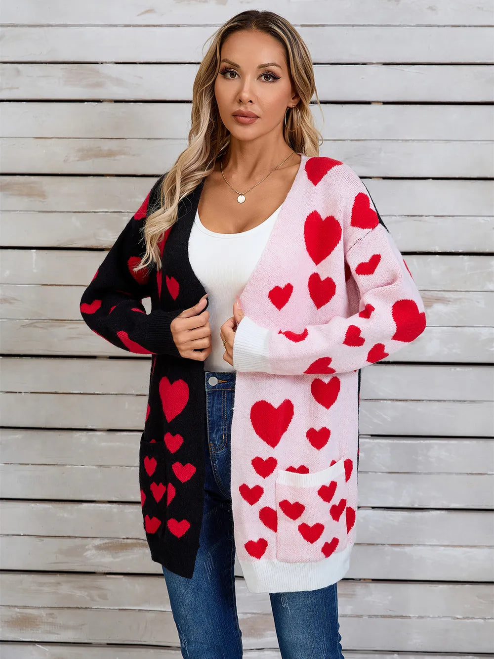Splicing Knitted Valentine's Day Pocket Long Cardigan Love Sweater