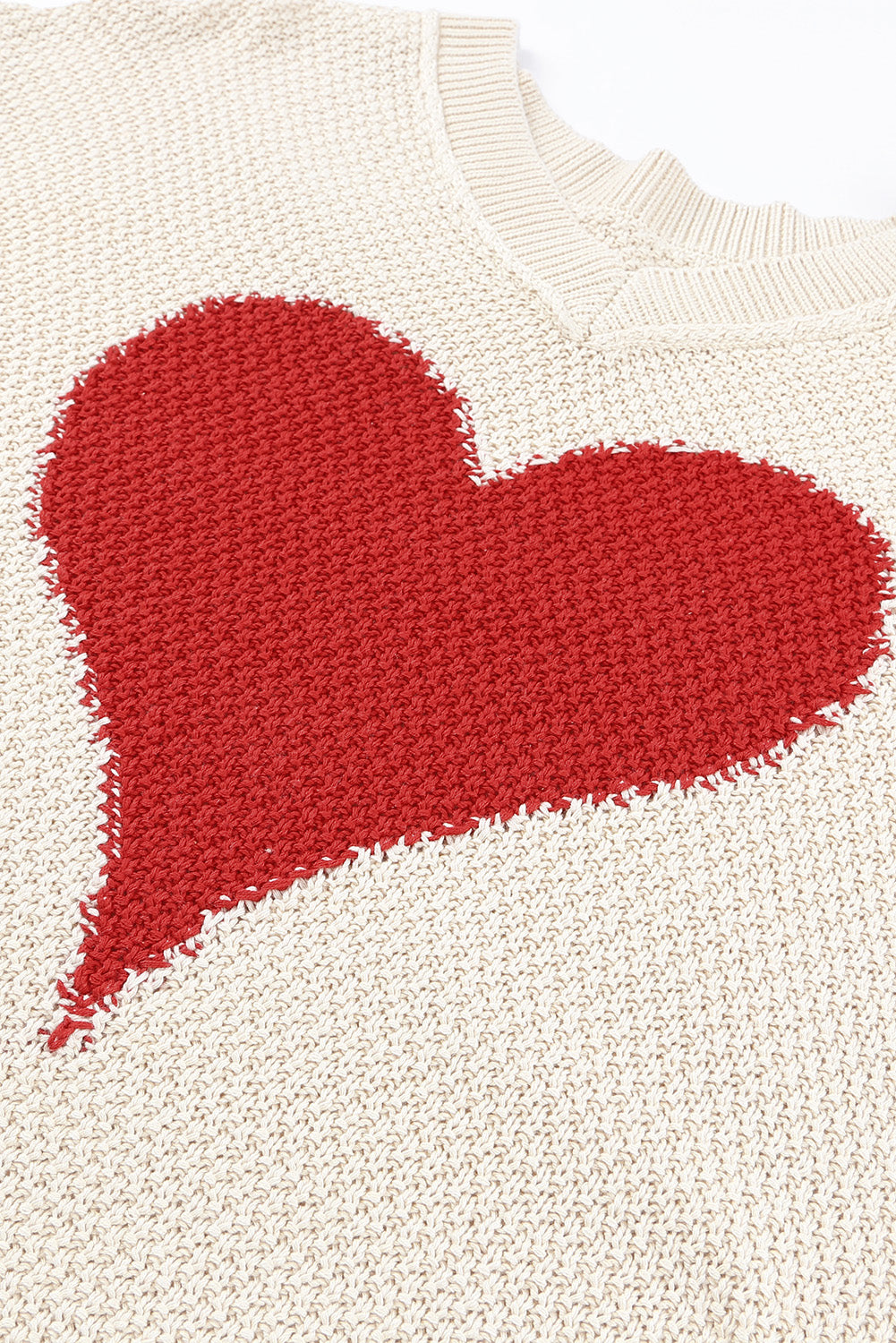 Beige V-neck Dropped Sleeve Heart Print Sweater