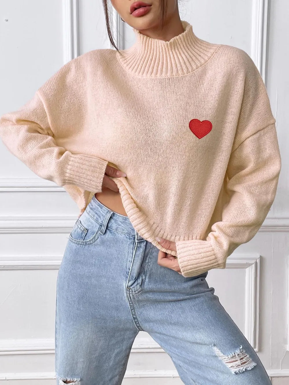 Women's Heart Sticker High Neck Pullover Sweater