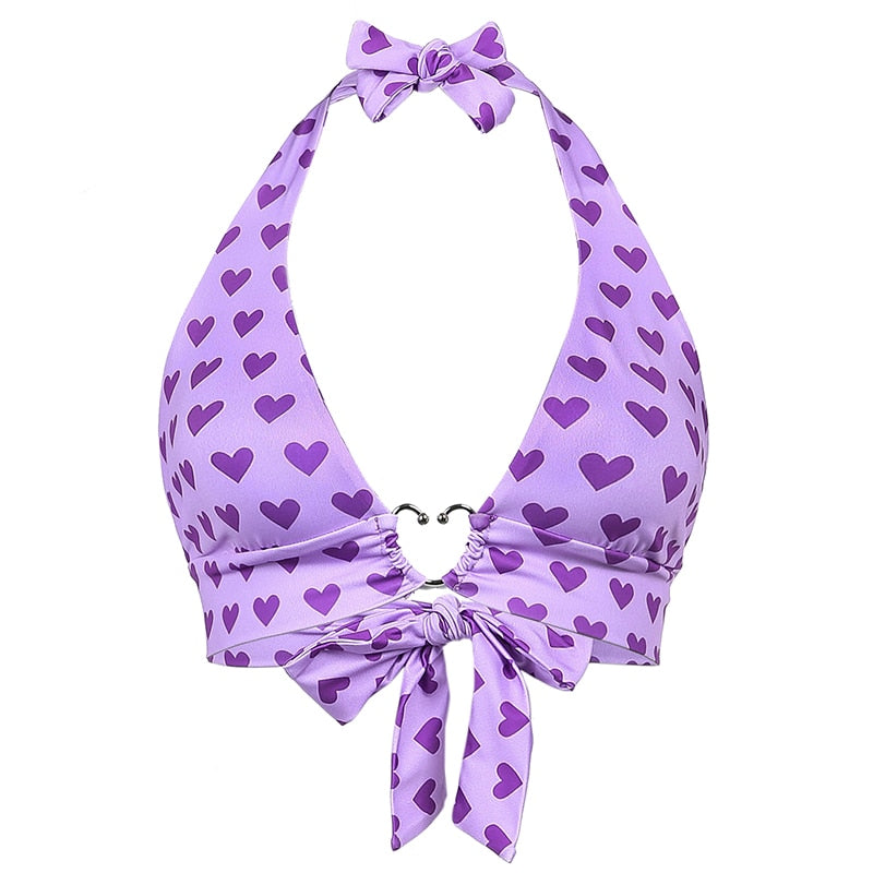 Heart Print Backless Halter Bra Corset Top