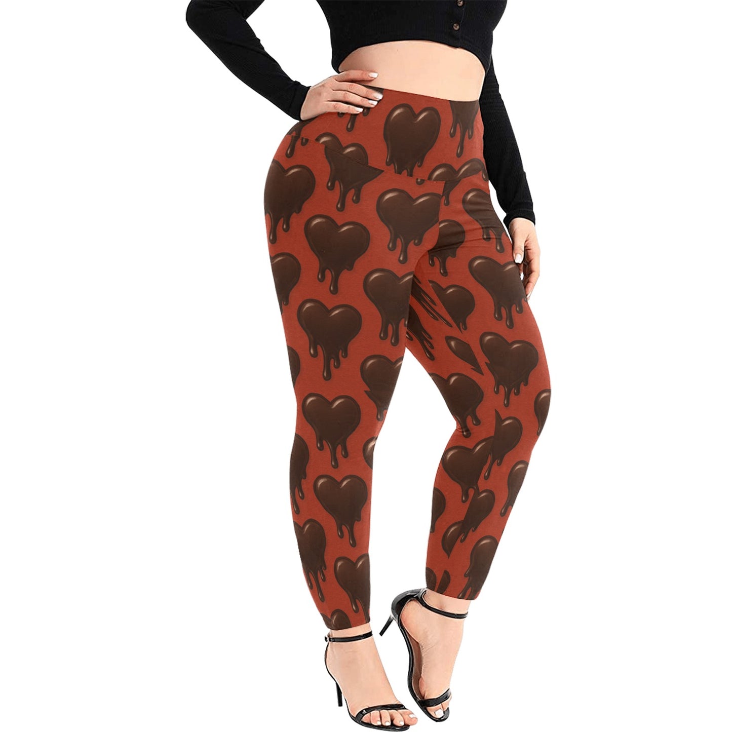 Dripping Chocolate Hearts Women's High Waist Leggings (Plus Size)