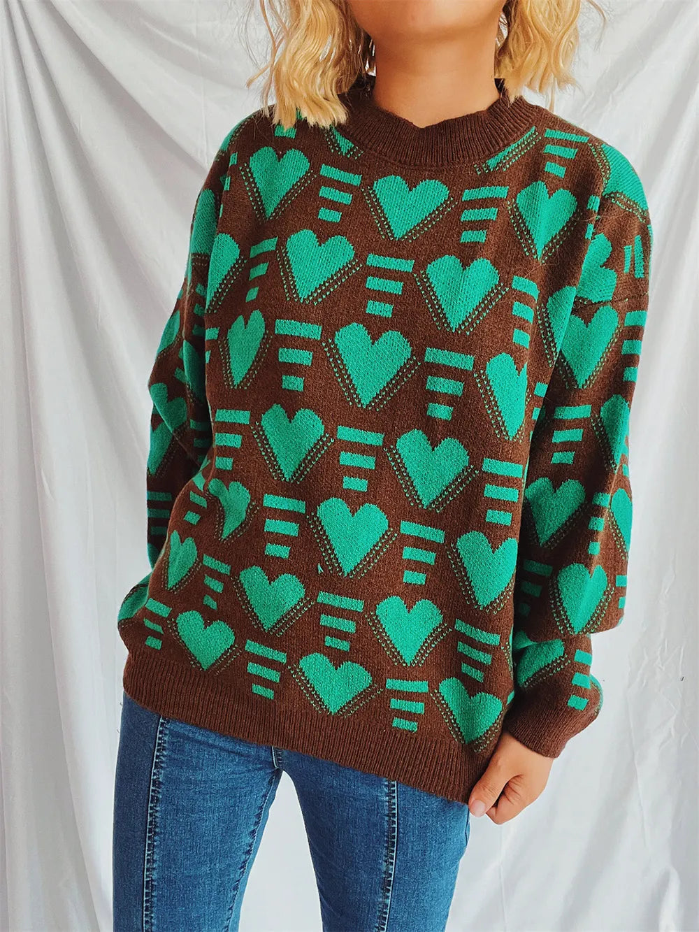 Heart Contrast Long Sleeve Sweater