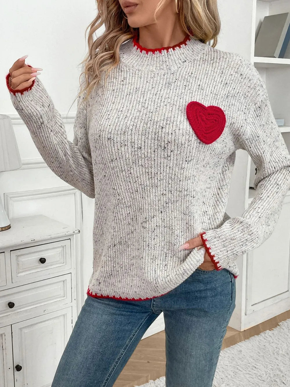 Perfee Contrast Heart Sweater
