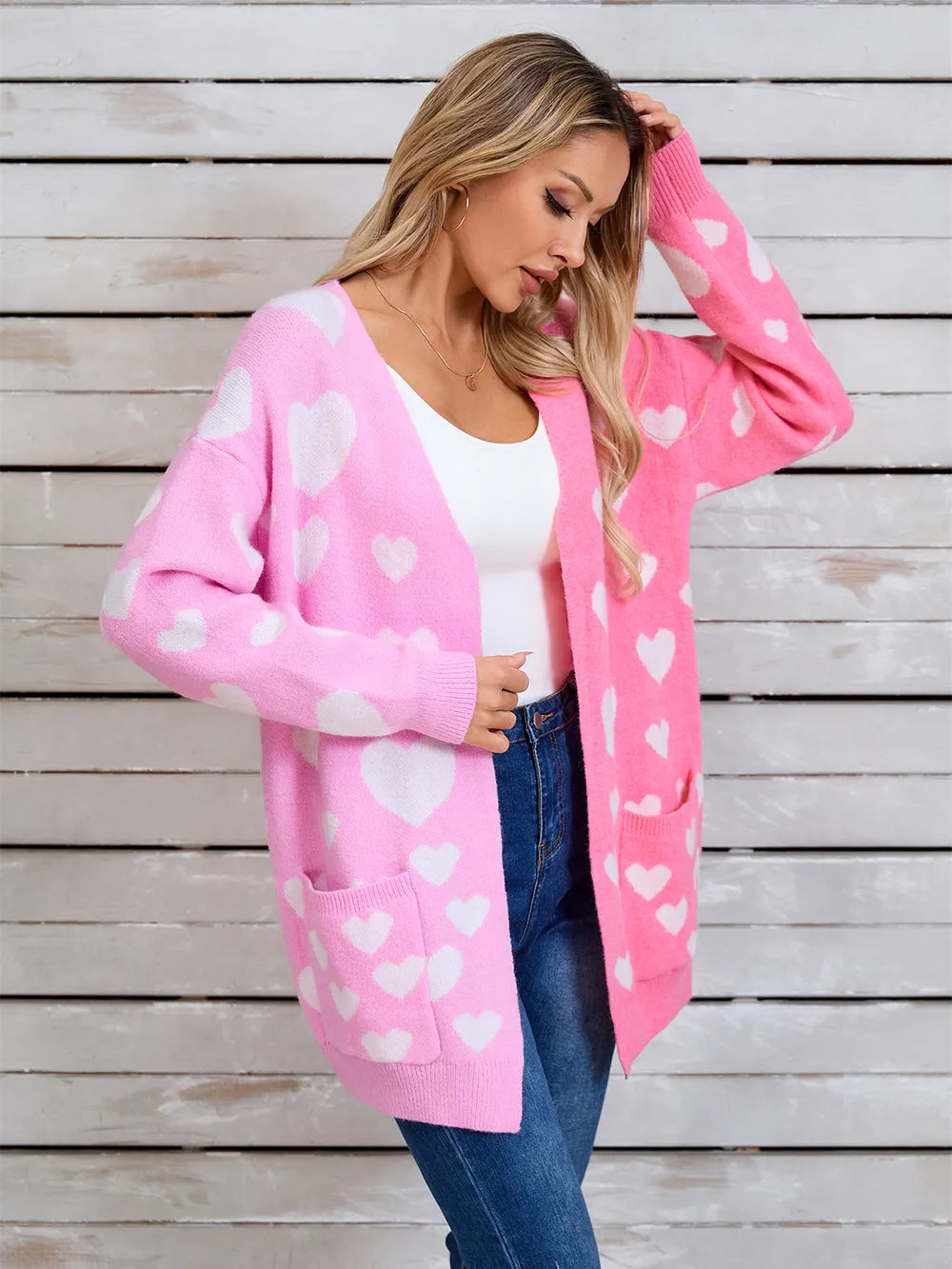 Splicing Knitted Valentine's Day Pocket Long Cardigan Love Sweater
