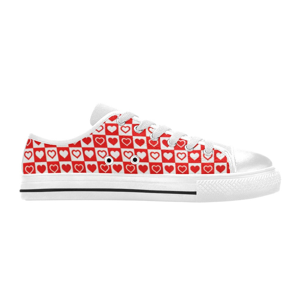 Red and White Checkerboard Hearts Canvas Women's Shoes