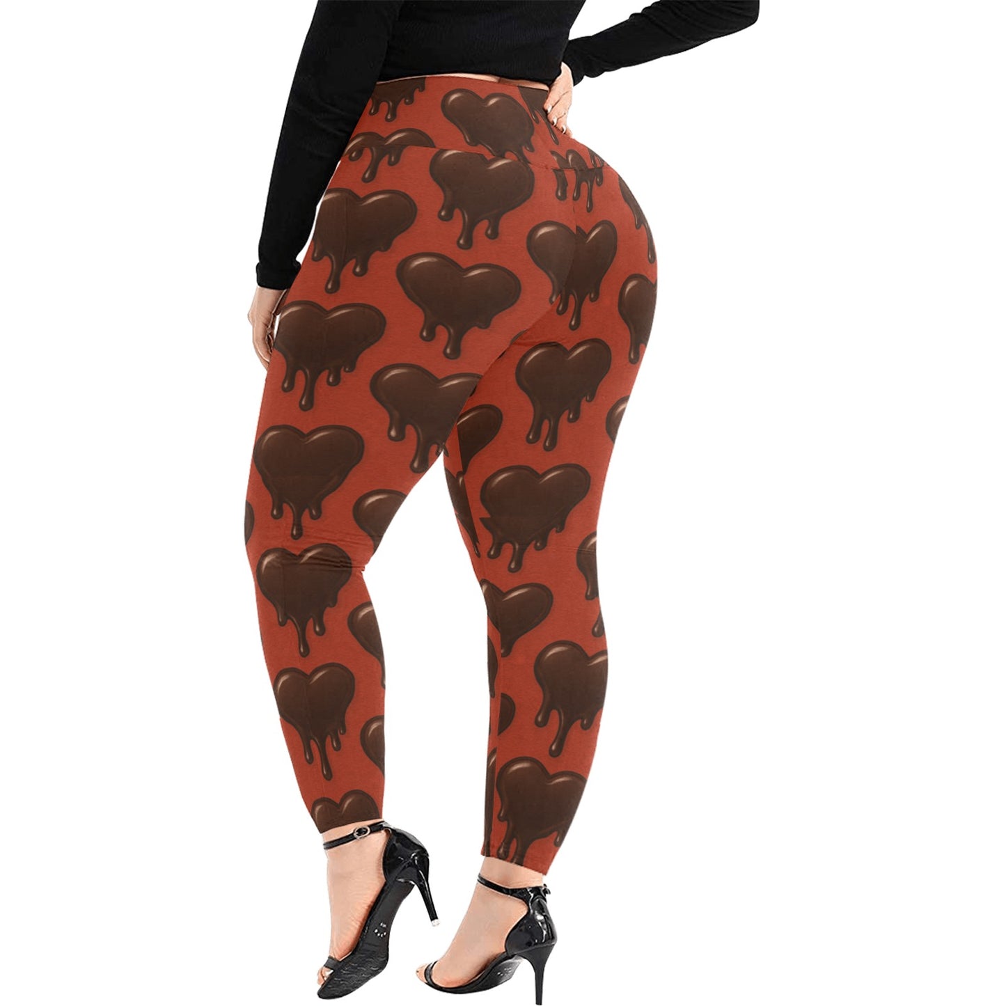 Dripping Chocolate Hearts Women's High Waist Leggings (Plus Size)