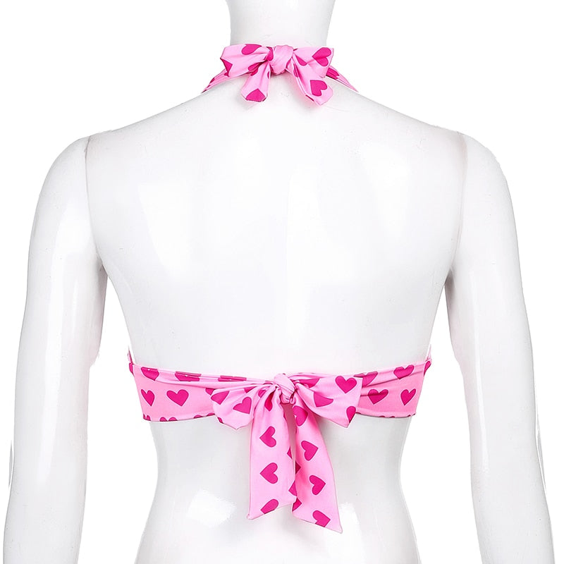 Heart Print Backless Halter Bra Corset Top