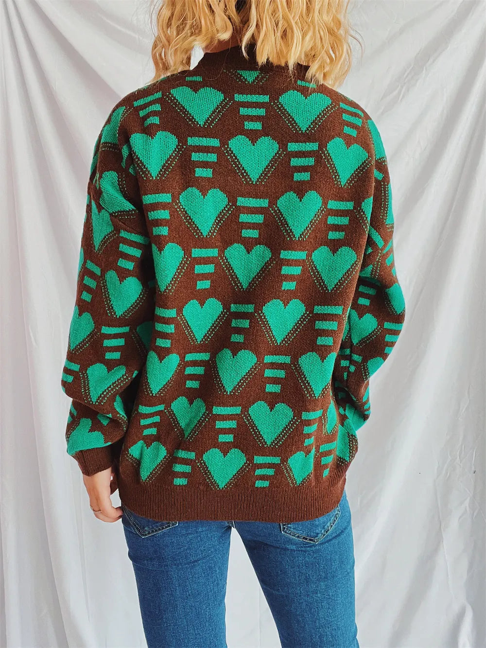 Heart Contrast Long Sleeve Sweater