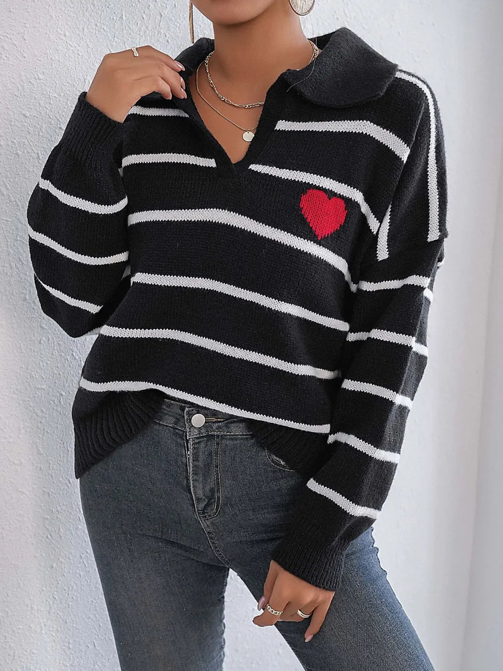 Splicing Striped Heart-Shaped Polo Collar Sweater
