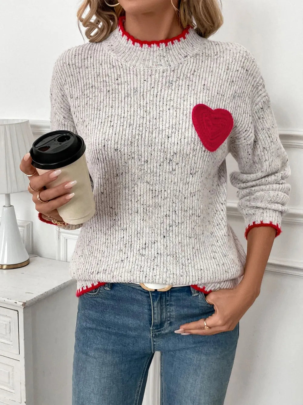 Perfee Contrast Heart Sweater