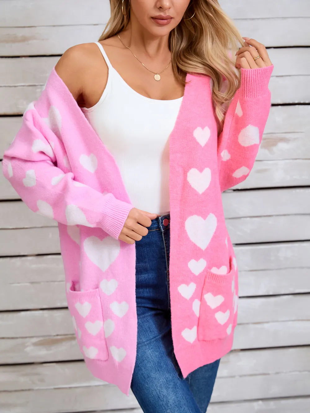 Splicing Knitted Valentine's Day Pocket Long Cardigan Love Sweater