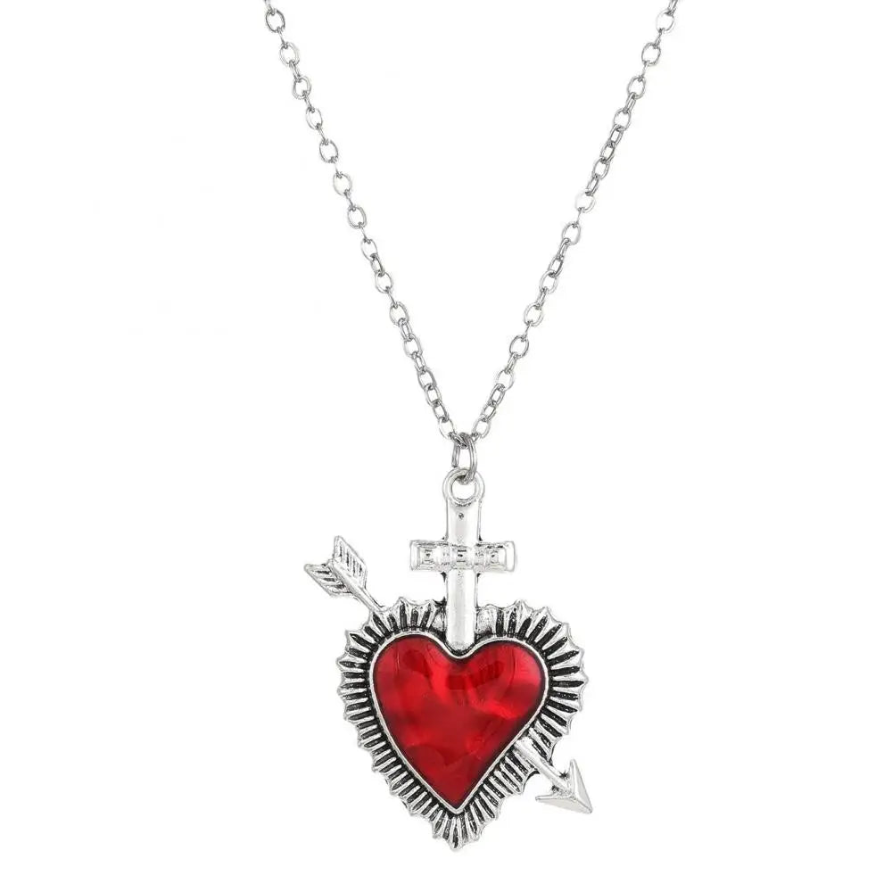 New Heart and Sword Necklace Punk Vintage Red Crystal Heart Couple Necklaces for Women Men Boyfriend Girlfriend Gifts
