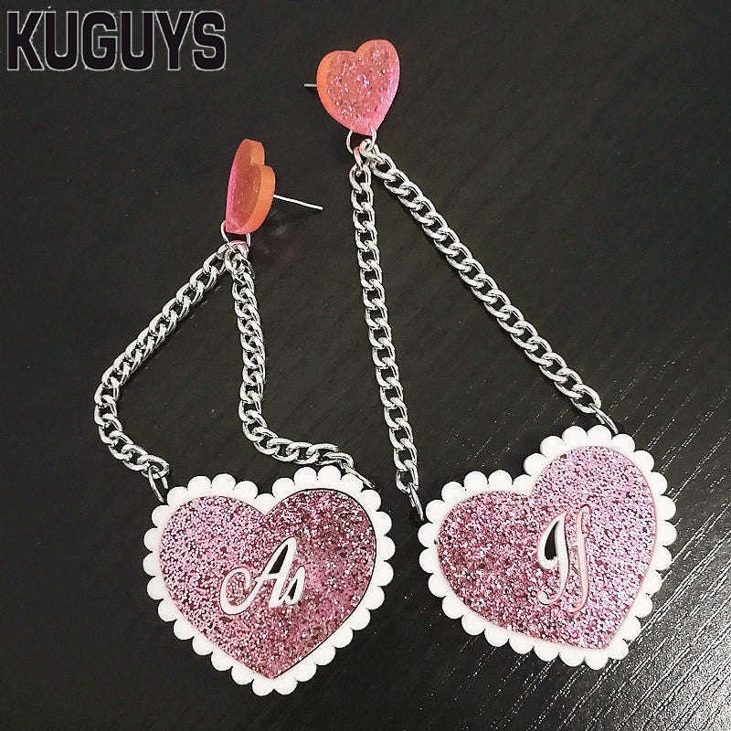 Trendy Pink Glitter Heart Tassel Earrings