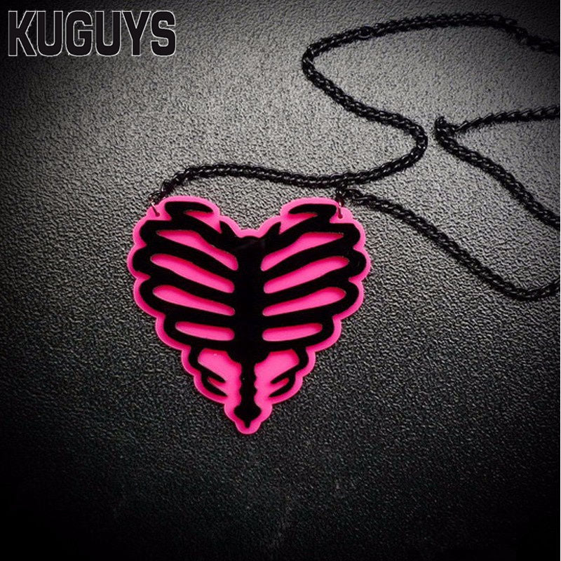 Fashion Acrylic Jewelry Custom Women Heart Skeleton Pink Pendant Necklace Link Chain HipHop Mens Necklaces