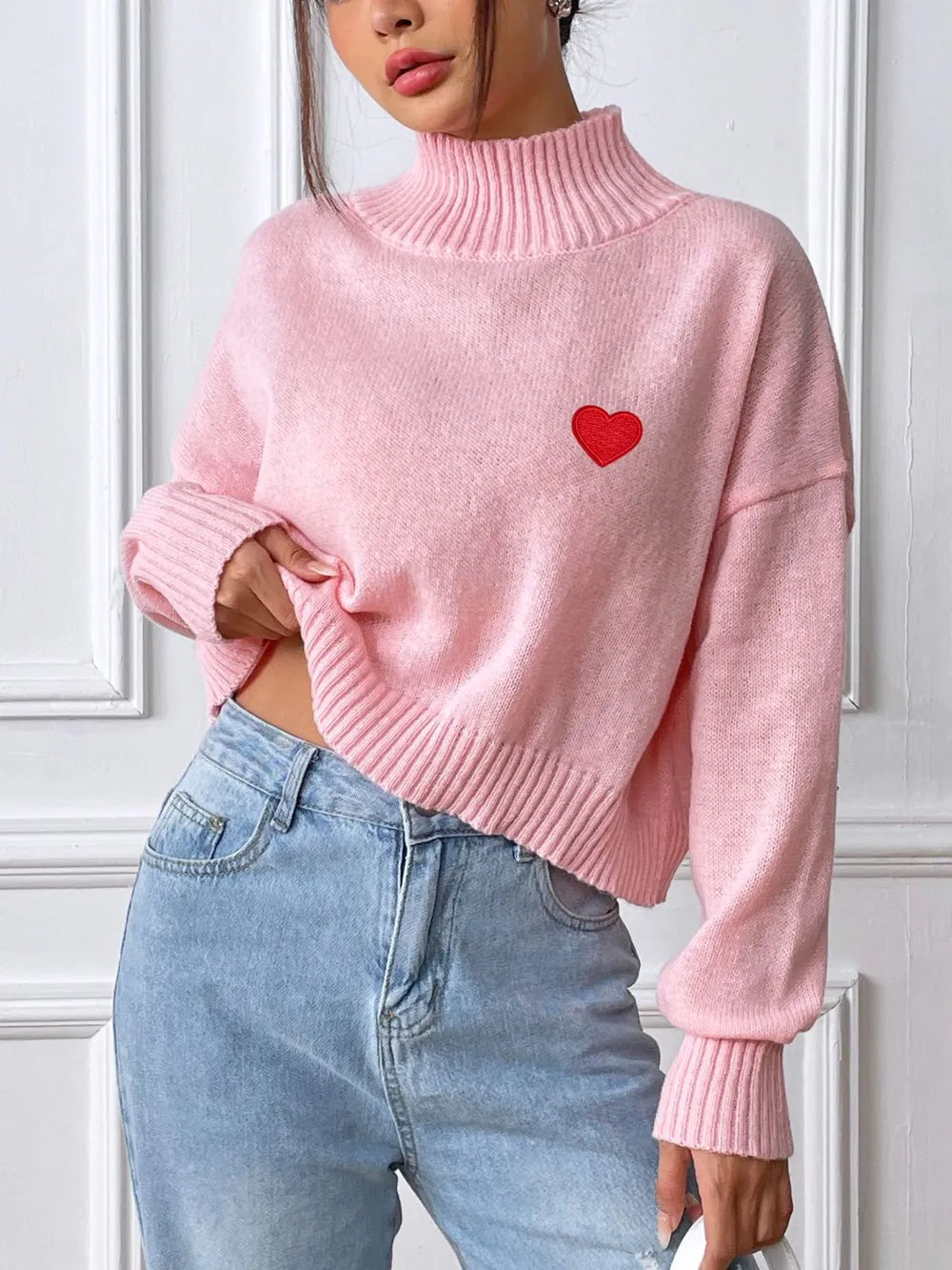 Women's Heart Sticker High Neck Pullover Sweater