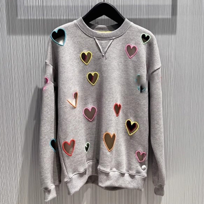 Charming Heart Embroidered Grey Hoodie