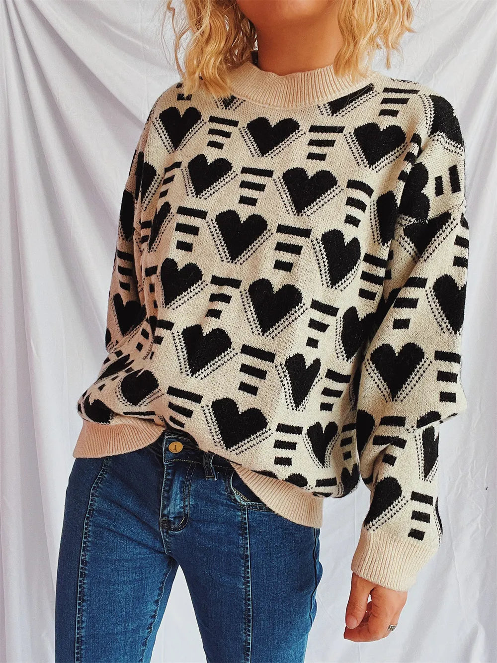 Heart Contrast Long Sleeve Sweater