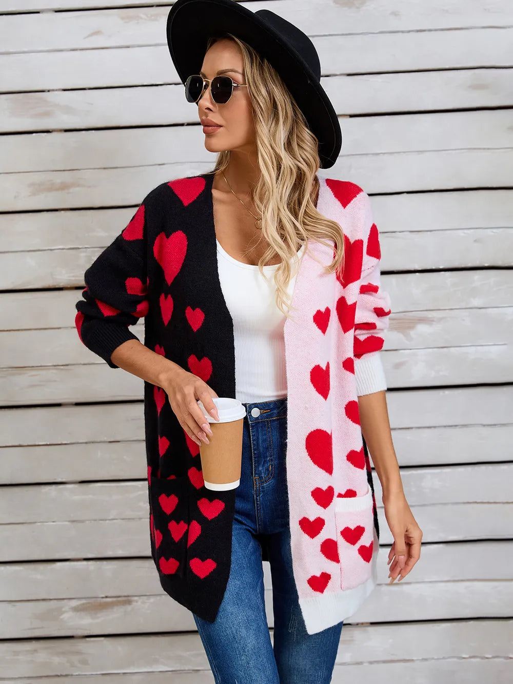 Splicing Knitted Valentine's Day Pocket Long Cardigan Love Sweater