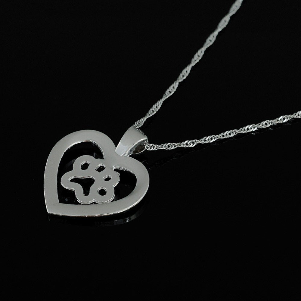 Dog Cat Paw Print Heart Crystal Pendant Necklace