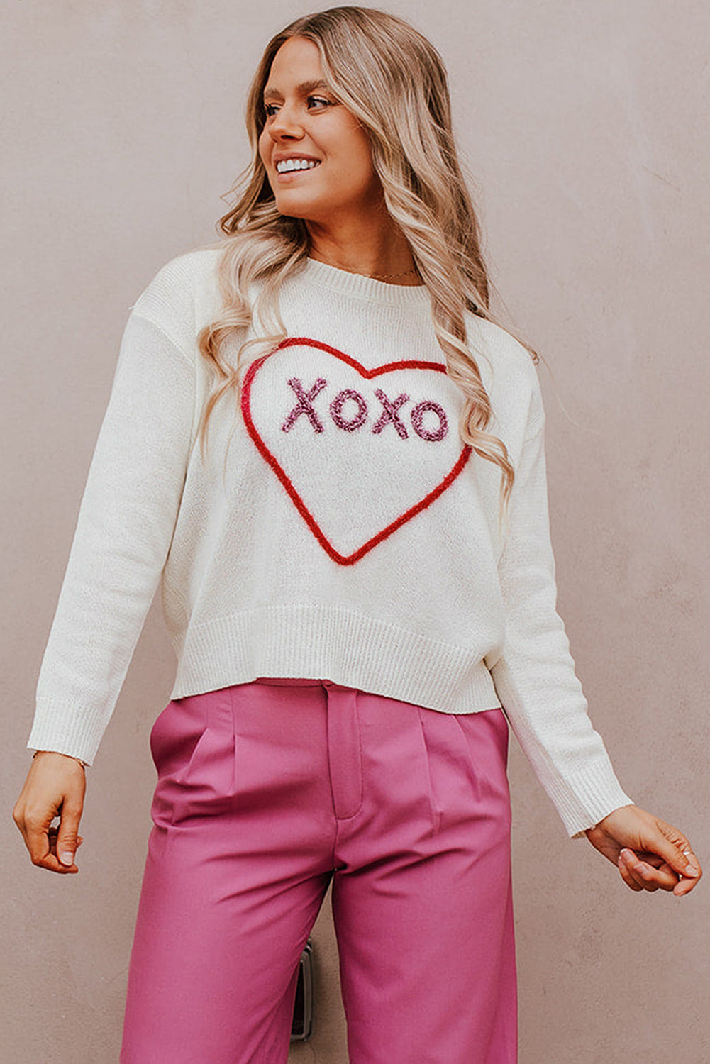 Rose Heart XOXO Pattern Drop Shoulder Rib Knit Sweater