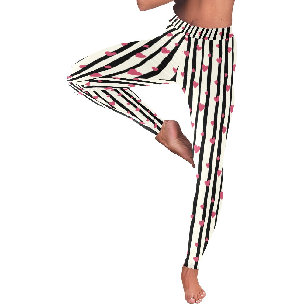 Black and White Striped Hearts Valentine's Day Leggings