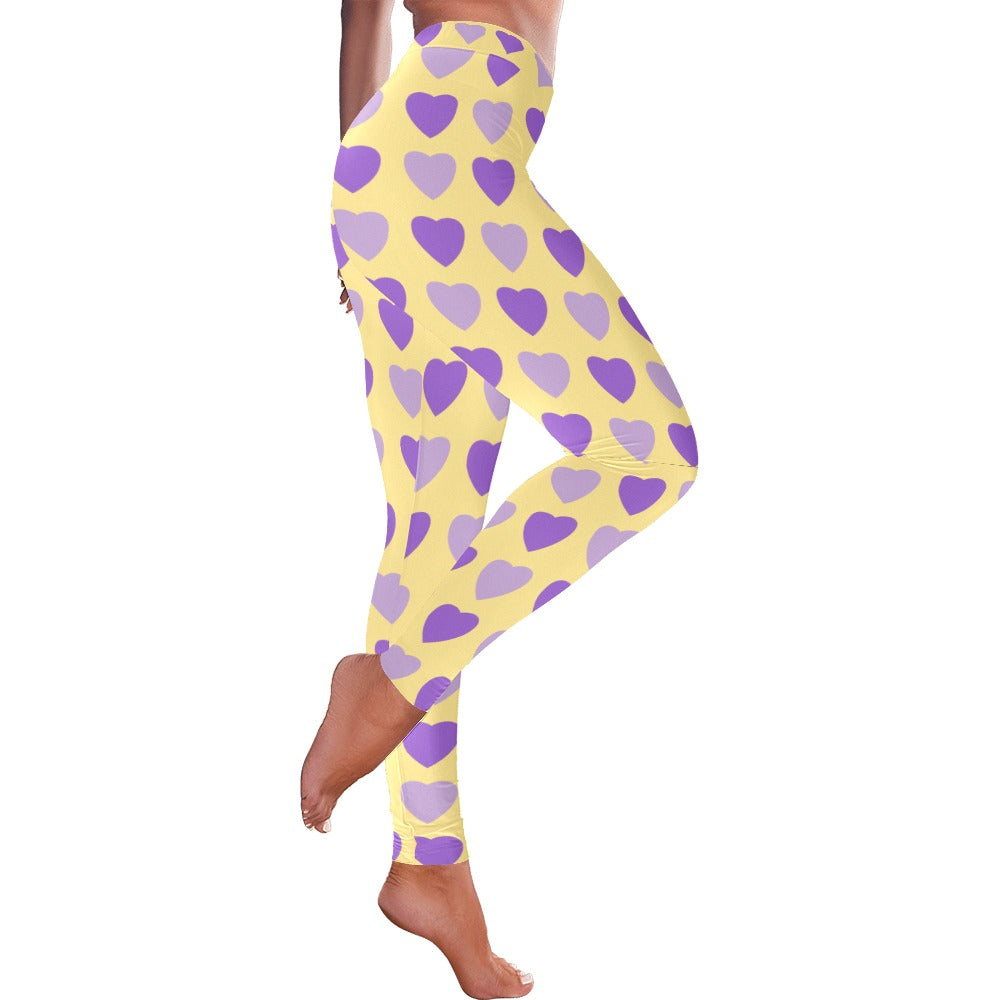 Purple Hearts on Yellow Women's Valentine's Day Leggings