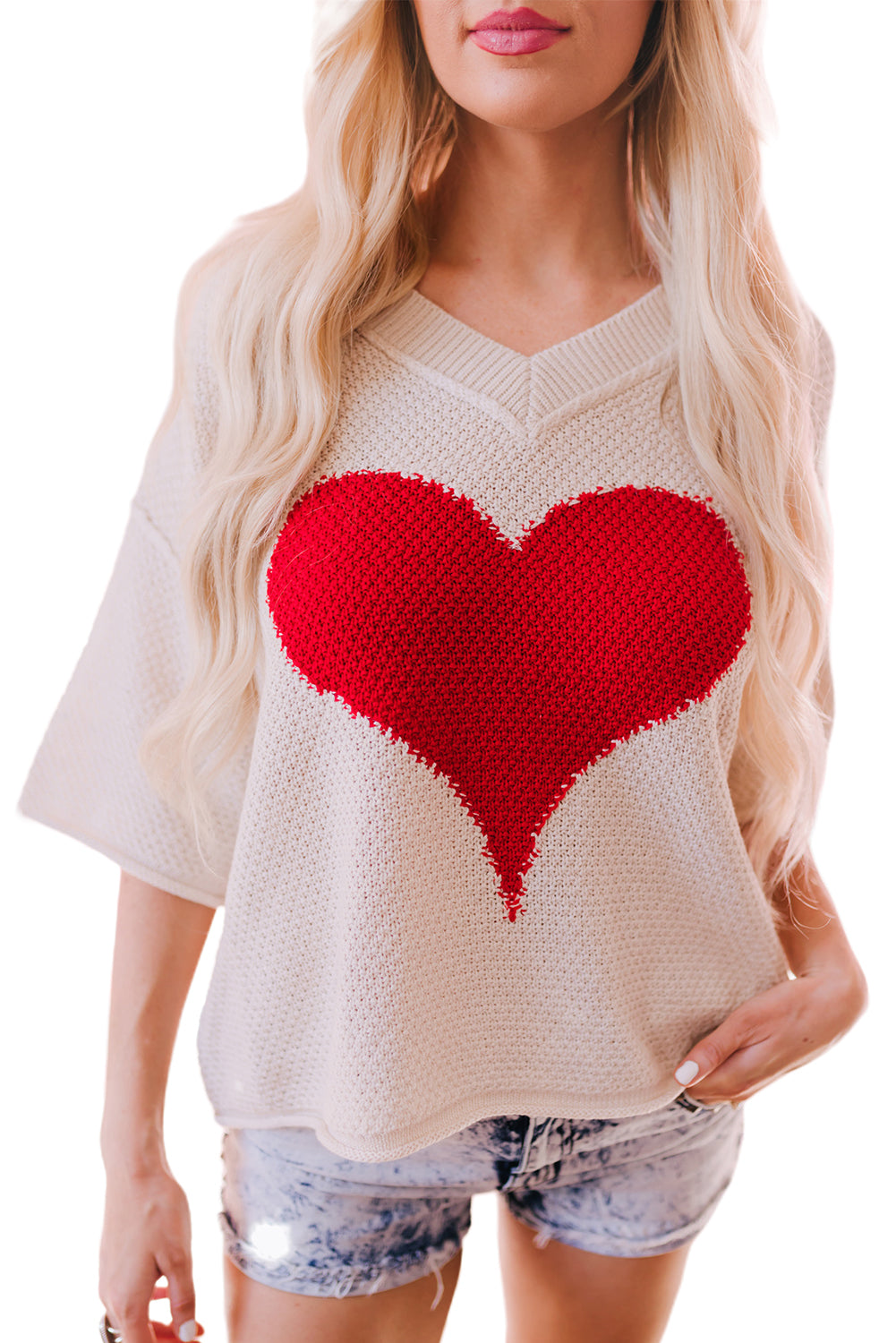 Beige V-neck Dropped Sleeve Heart Print Sweater