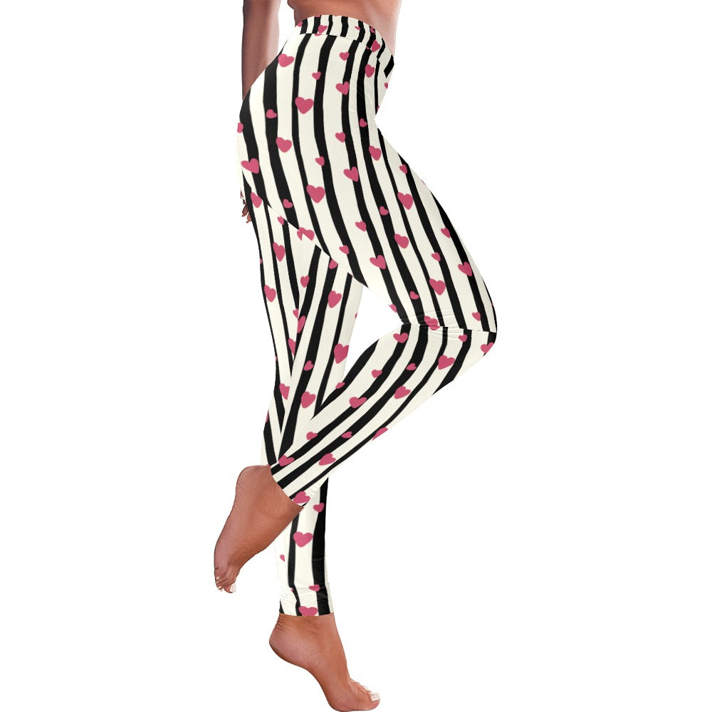 Black and White Striped Hearts Valentine's Day Leggings