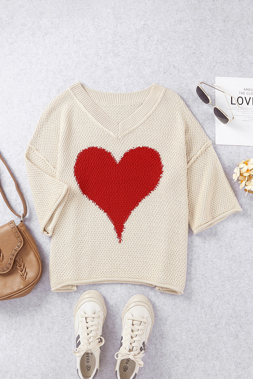 Beige V-neck Dropped Sleeve Heart Print Sweater