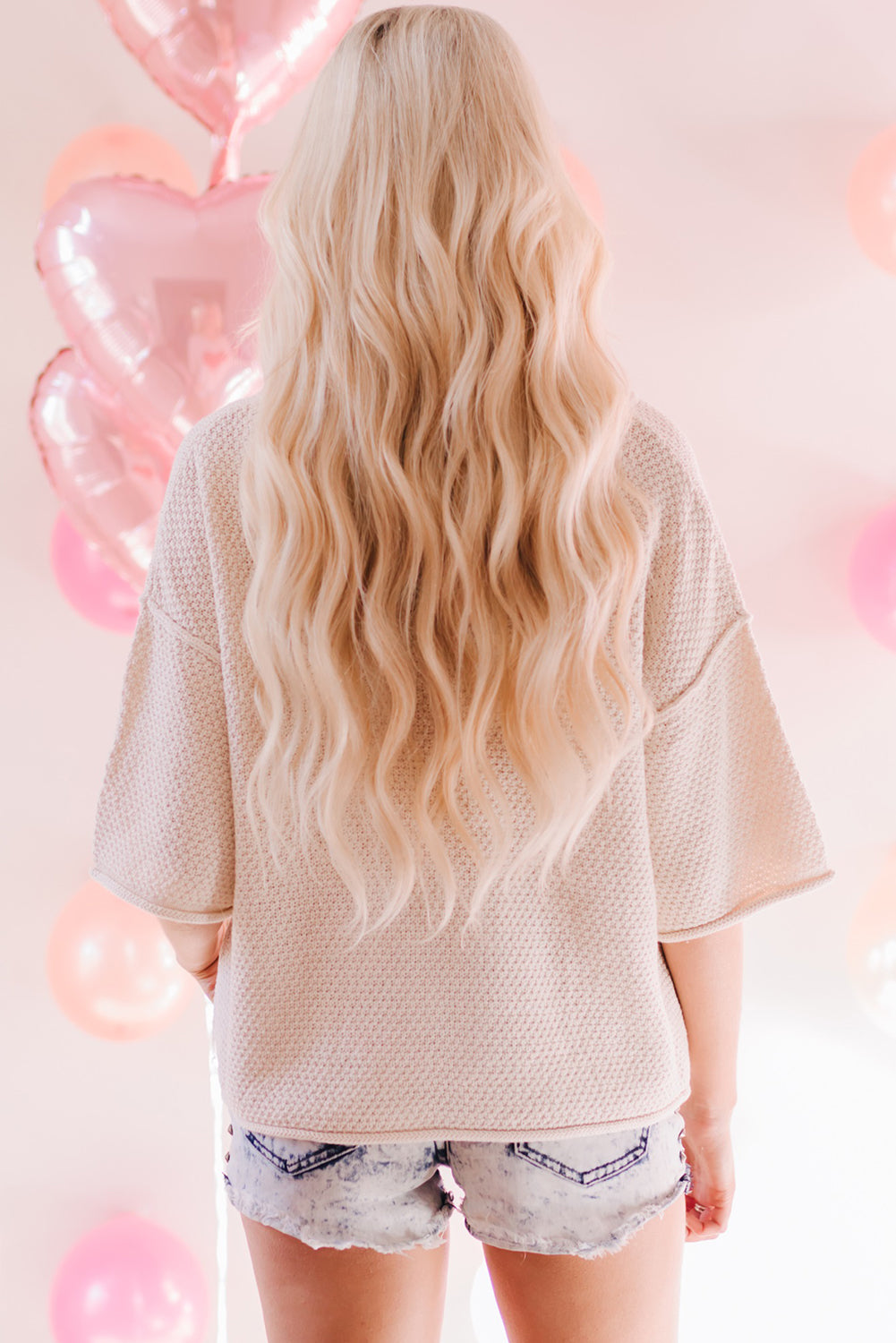 Beige V-neck Dropped Sleeve Heart Print Sweater