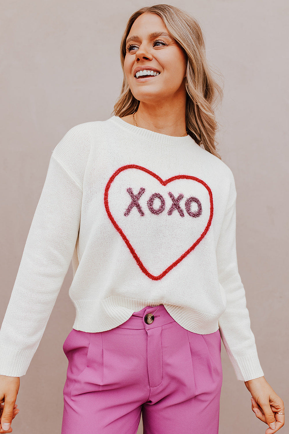 Rose Heart XOXO Pattern Drop Shoulder Rib Knit Sweater