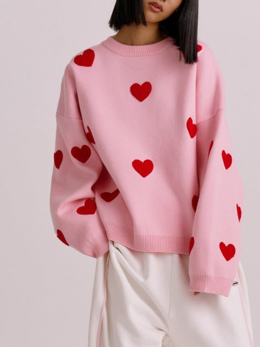 Women’s Oversized Love Heart O Neck Knit Sweater
