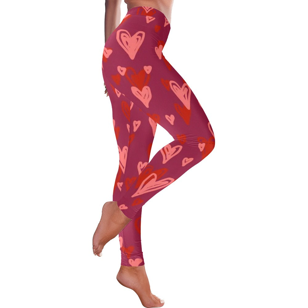 Purple Drawn Hearts Valentine's Day Women's All-Over Low Rise Leggings
