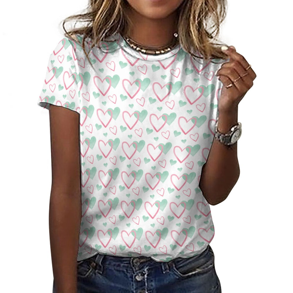 Pink and Green Valentine's Day Hearts Women's 100% Cotton T-Shirt