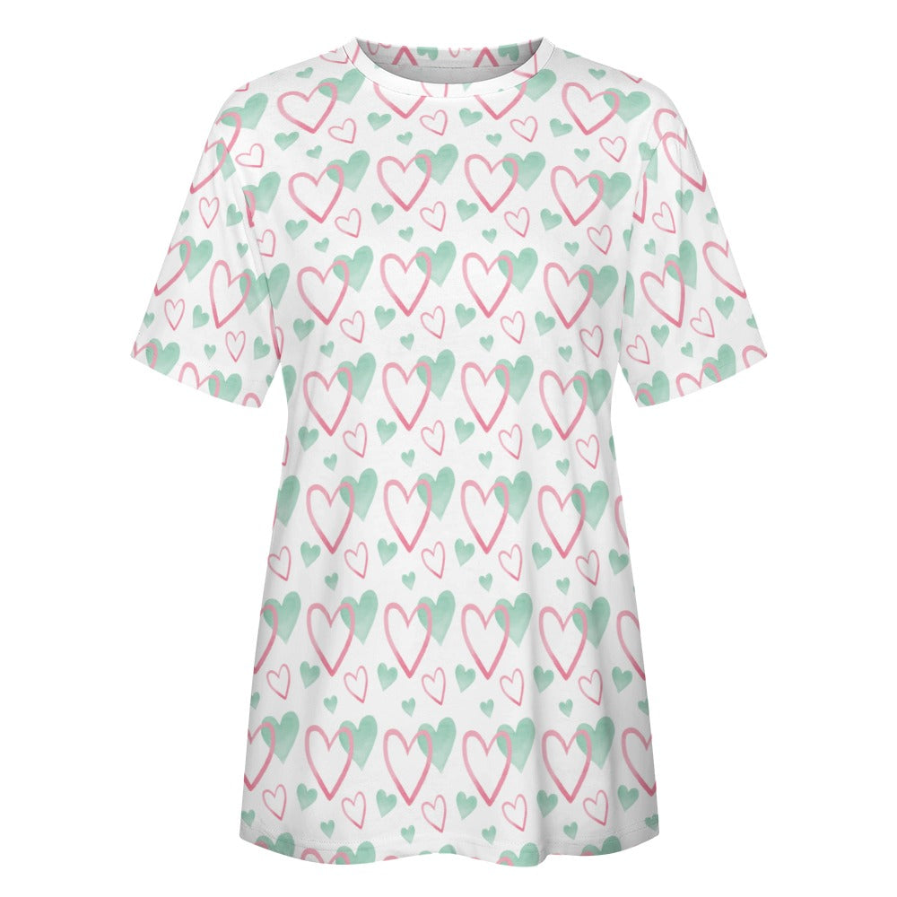 Pink and Green Valentine's Day Hearts Women's 100% Cotton T-Shirt