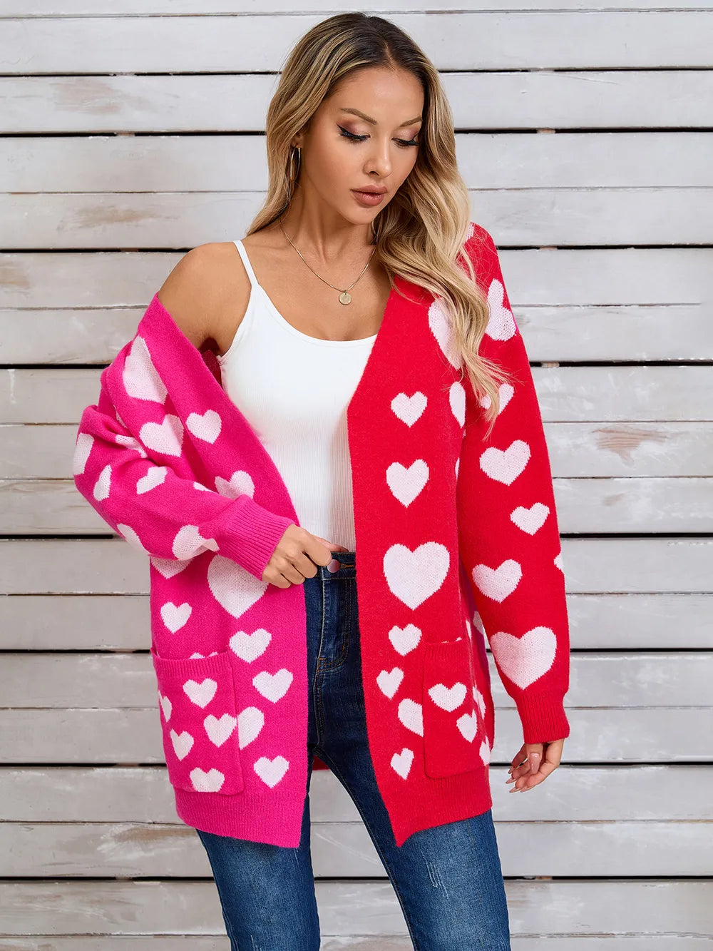Splicing Knitted Valentine's Day Pocket Long Cardigan Love Sweater