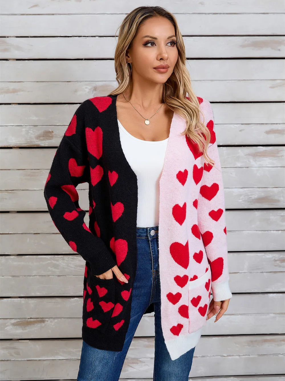 Splicing Knitted Valentine's Day Pocket Long Cardigan Love Sweater